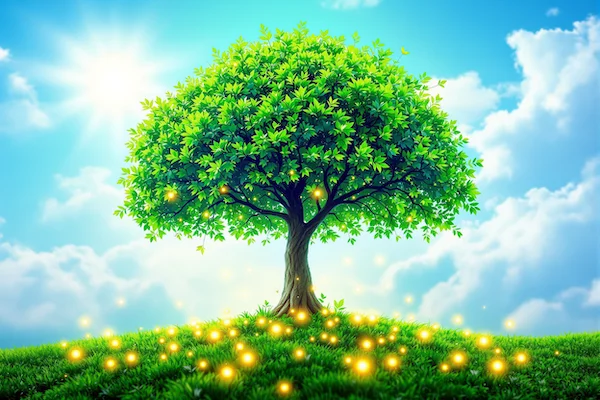 A lush, green tree growing rapidly, its branches reaching towards a bright, sunny sky. The tree symbolizes sustainable development and exponential growth. Around the base of the tree, small, glowing orbs represent AI agents contributing to the tree's growth. The overall tone is optimistic and forward-looking.