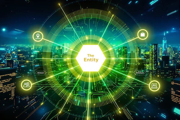 A network diagram showing The Entity at the center, connected to AIOneGuard and AIOneGuardChain. The connections are represented by glowing lines, indicating seamless integration. The background is a futuristic cityscape, symbolizing Web 4.0. The colors are primarily blues and greens, conveying security and growth.