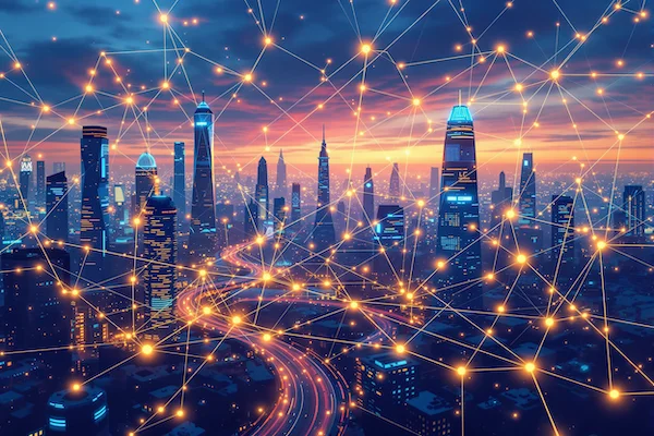 A vibrant, futuristic cityscape filled with interconnected nodes of light representing AI agents communicating and collaborating. The scene is set at twilight, with a blend of deep blues and oranges in the sky. The nodes pulse with energy, symbolizing the dynamic exchange of information within The Entity network.